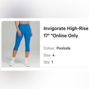 High rise invigorate Lulu lemon leggings, 17” (cropped), size 4. Good condition